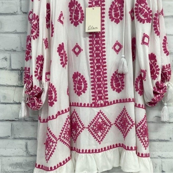 Nwt Elan Womens White Pink Allover Embroidered Scoop Neck Ruffle Mini Dress Sz M - Picture 5 of 6